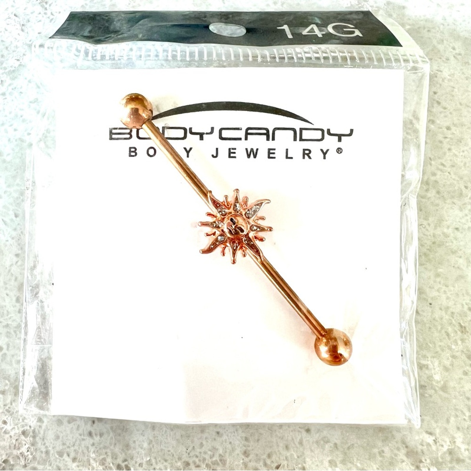 14 Gauge Rose Gold Tone Happy Sun Industrial Barbell 38mm